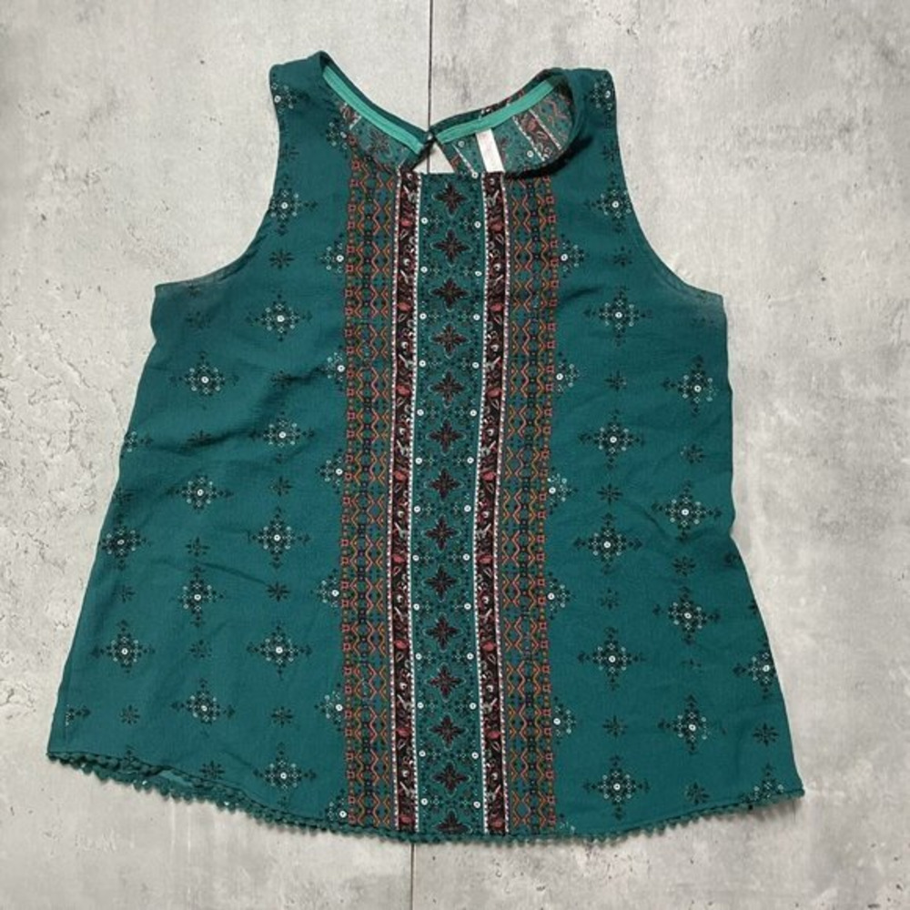 Xhilaration Womens Shirt Blouse Size M Green Embroidered Sleeveless Summer Top